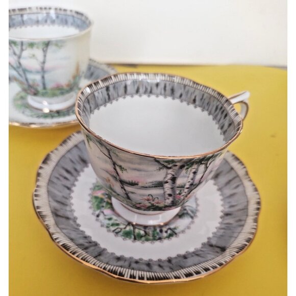 Two Vintage Royal Albert Silver Birch pattern Cup & Saucer Sets - Picture 14 of 15